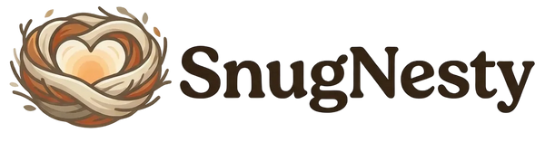 SnugNesty logo with a stylized nest and heart on a beige background